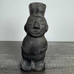 Antique Black Pottery Chimu Vessel Handcrafted Pre-Columbian Style Human Figure